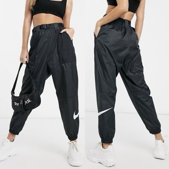 Nike Woven Swoosh Cargo Pants Womens Size Small Black Belted Gorpcore High Waist - Picture 1 of 11